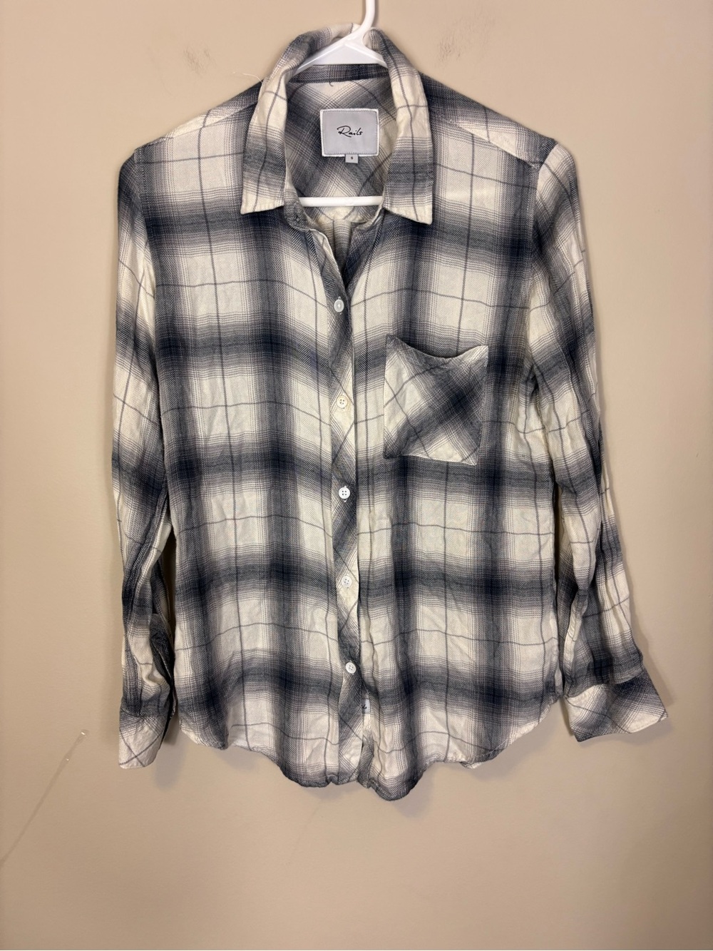 Rails Women’s Soft Plaid Shirt in White and Hunter Grey Small